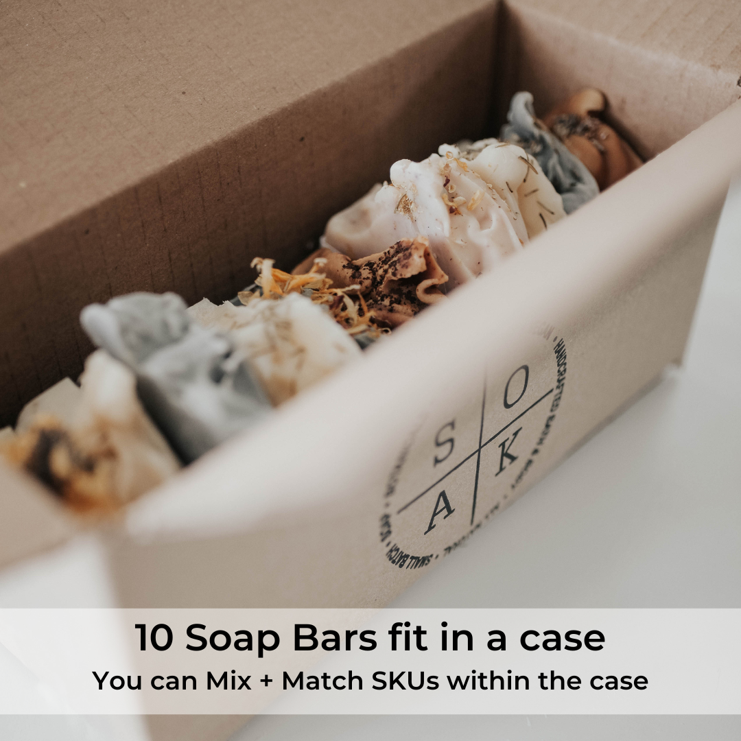 Box of soap bars with a visible brand logo, labeled '10 Soap Bars fit in a case'.