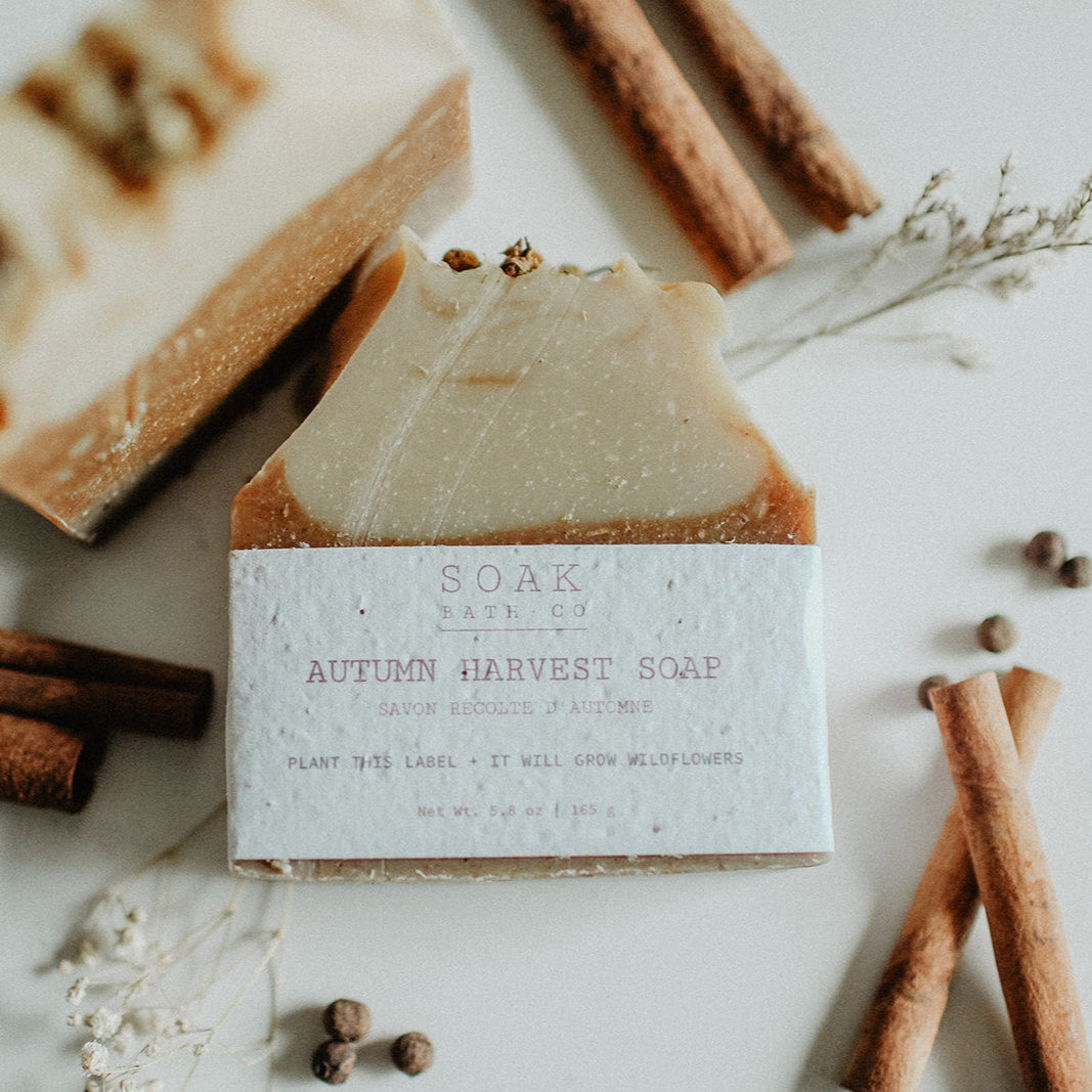 Bar of soap labeled 'Autumn Harvest Soap' with cinnamon sticks and spices on a light background