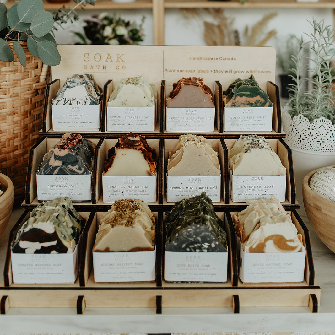 Display of soap bars in boxes with a wooden shelf and plants in the background