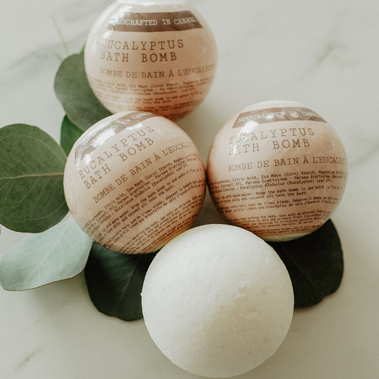 eucalyptus bath bombs with eucalyptus leaves

