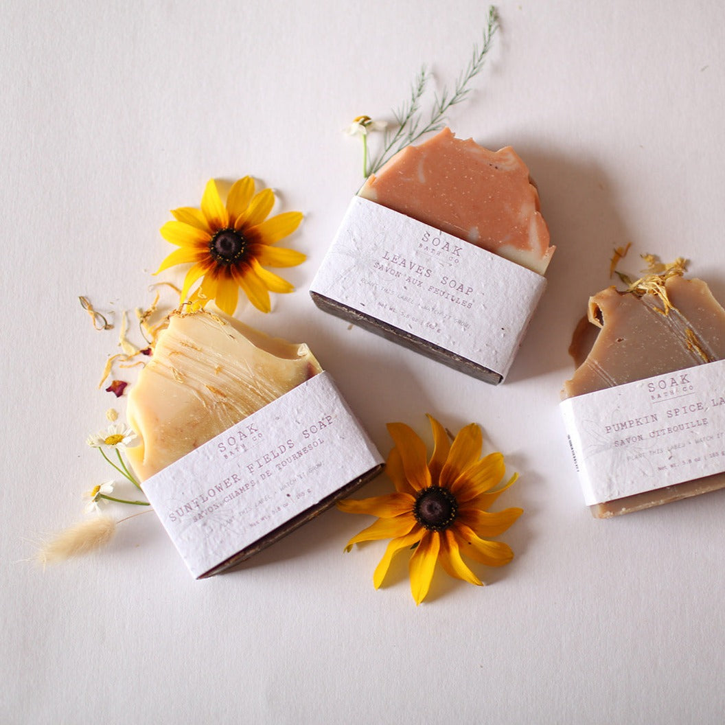 Fall Collection by SOAK Bath Co Wholesale: Sunflower Soap, Pumpkin Soap, Leaves Soap