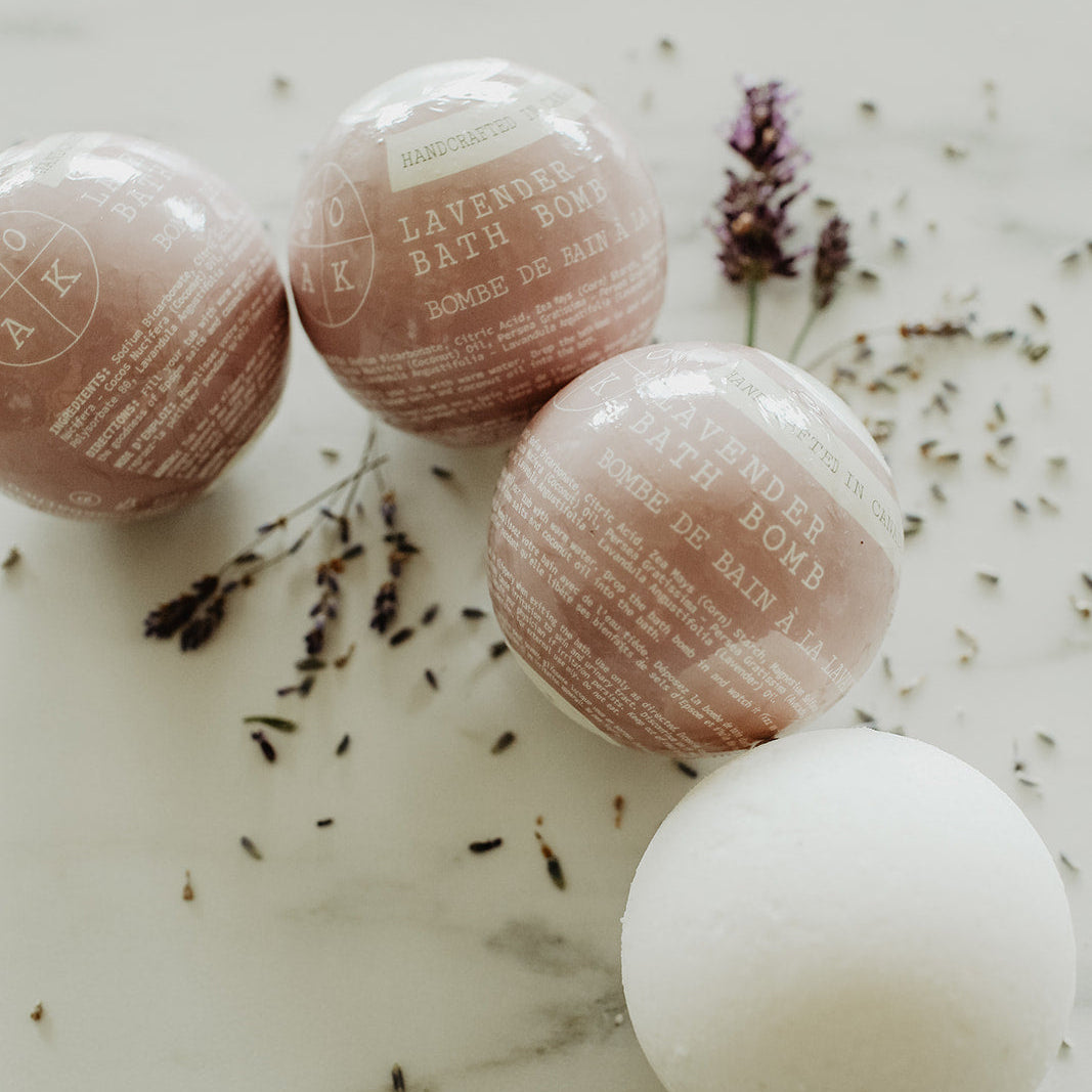 lavender Bath bombs with lavender on a marble surface
