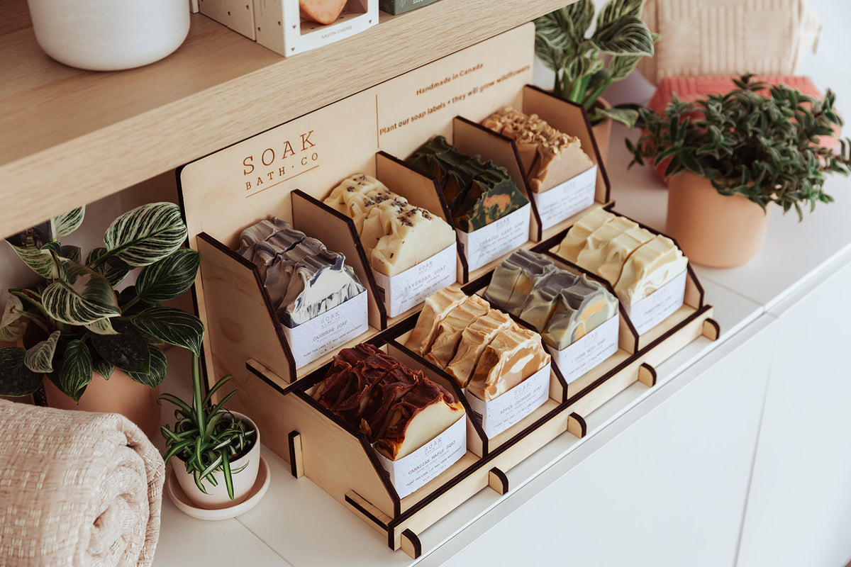 Mini Soap Display for Retail (8 SKU) – SOAK Bath Co Branded