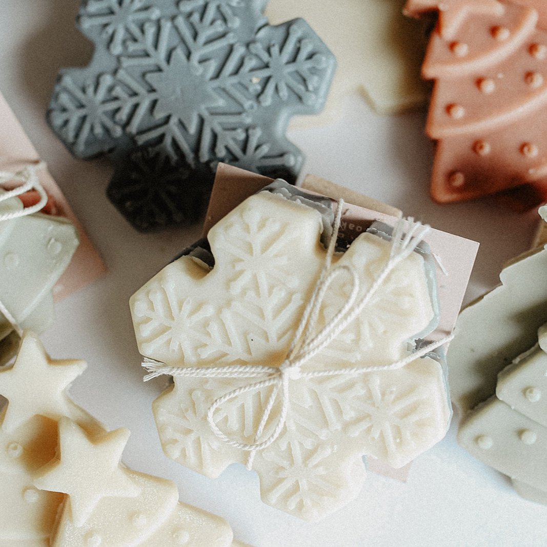 Snowflake and Evergreen Soap stacks by SOAK Bath Co Wholesale